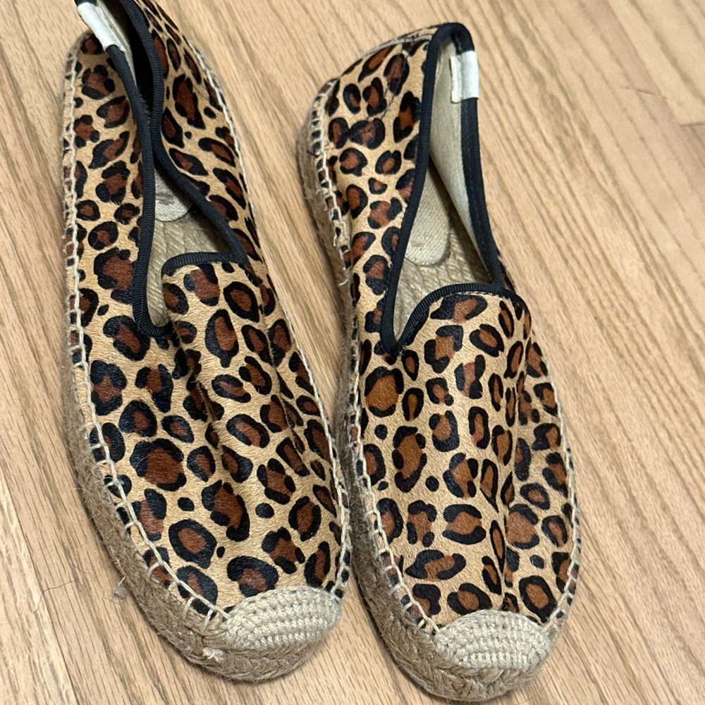 Soludos Tan and Black Leopard platform smocking Espadrilles